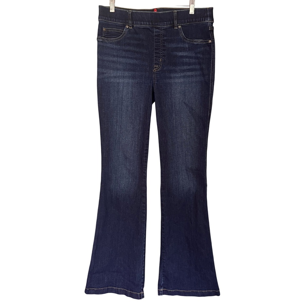Spanx Womens Dark Wash High Rise Flare Pull On Shaping Jeans Blue Size Large